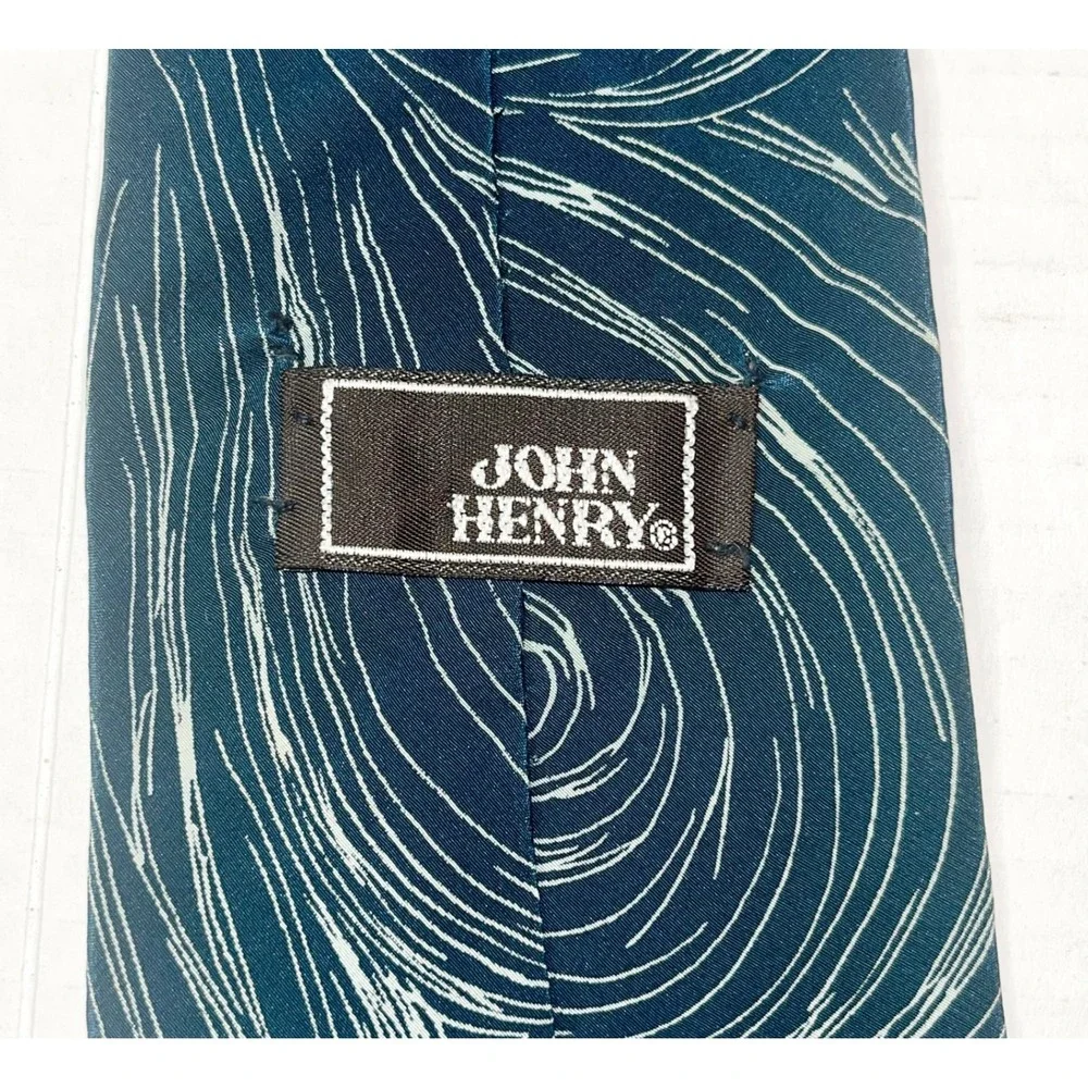 John Henry Necktie Mens Silk Crepe Teal Blue White Swirl Abstract Pattern‎ USA